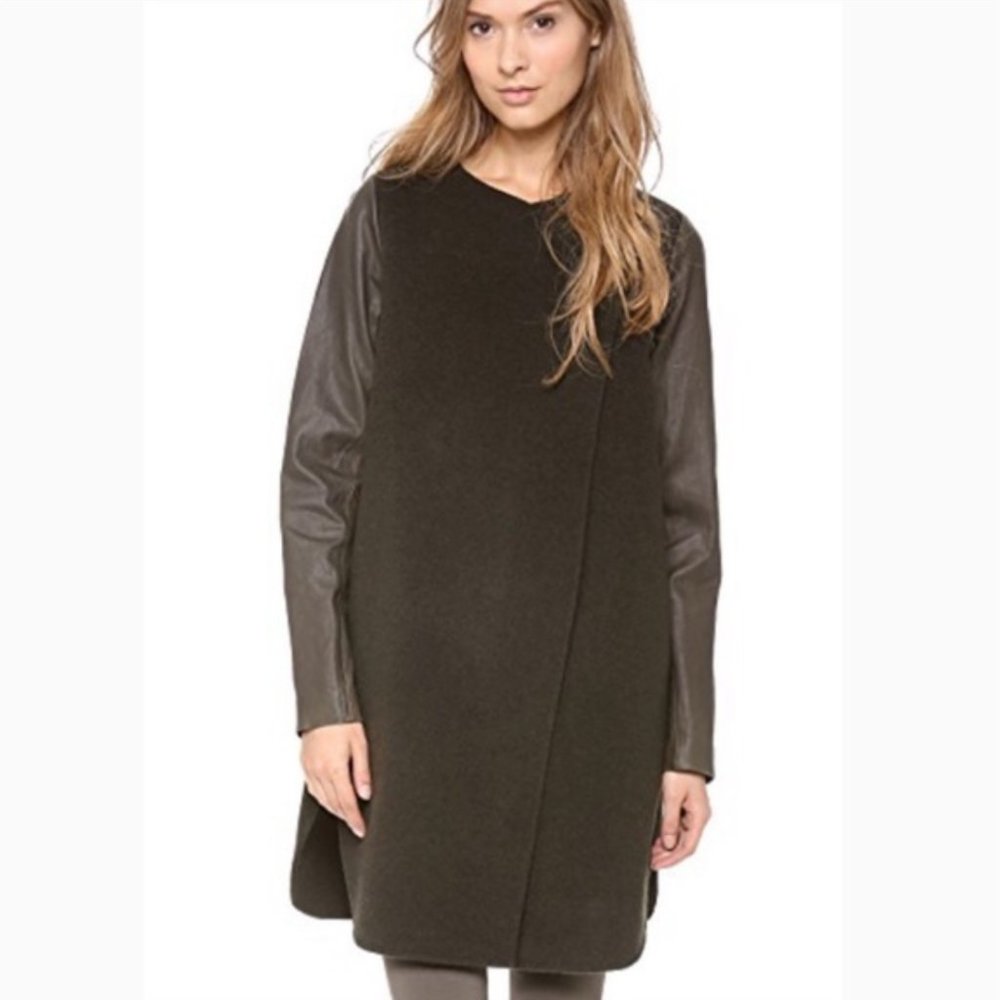 EUC - Gorgeous and flattering VINCE Black Wool Coat with Leather Sleeves